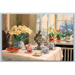 TEA PARTY TIME Teapot SAMOVAR Porcelain GZHEL by Grand Duchess Olga Postcard