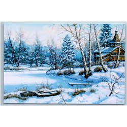 WOODDEN HOUSE in Snow Forest Winter Landscape Boats River Russian New Postcard