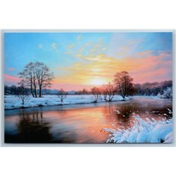 SPRING SUNSET over the river Forest Nature Landscape Russian New Postcard
