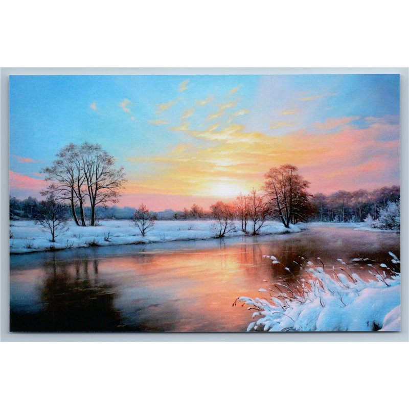 SPRING SUNSET over the river Forest Nature Landscape Russian New Postcard