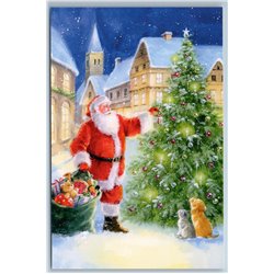 SANTA decorating Christmas Tree Gift Bag Teddy Bear City Russian New Postcard