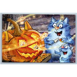 FUNNY BLUE CATS carving Pumpkin for Halloween fireflies Miracle New Postcard