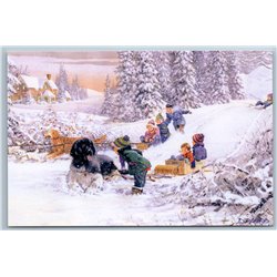 LITTLE GIRL BOY Dog sledding down Mountain Snow Winter Play Fun New Postcard