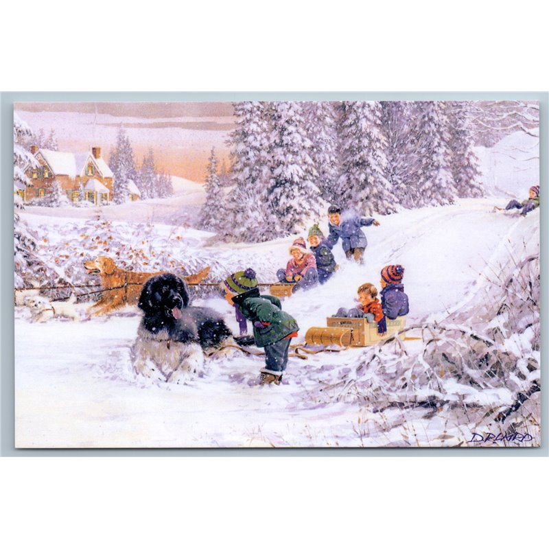 LITTLE GIRL BOY Dog sledding down Mountain Snow Winter Play Fun New Postcard