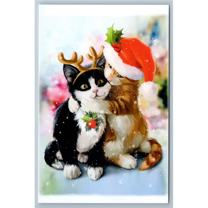 CATS in Santa Hat and deer antlers Couple Love Holiday Russian New Postcard