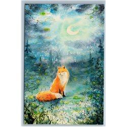 CUTE RED FOX in Night Forest Moon Animal Russian New Postcard