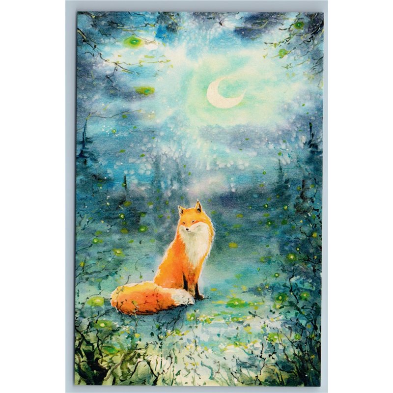 CUTE RED FOX in Night Forest Moon Animal Russian New Postcard