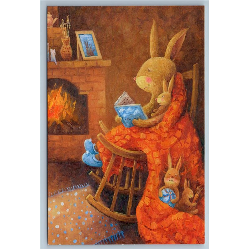 BUNNY RABBIT HARE read BOOK Fairy Tale Kids Fireplace Interior New Postcard
