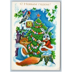 1980 RED FOX n BUNNY RABBIT HARE Christmas Tree Woodpecker Soviet USSR Postcard