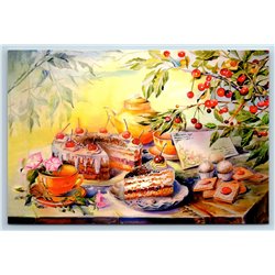 TEA PARTY TIME Cake CHERRY Kettle Cup Letter Sweets cherries MODERN POSTCARD
