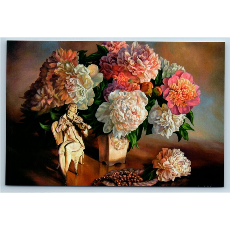 PEARL SONATA Flowers in Vase Porcelain Figurine Violinist Russia Modern Postcard