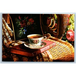 Tea Cup and Book Tea part time Russian Style Porcelain Interior Modern Postcard