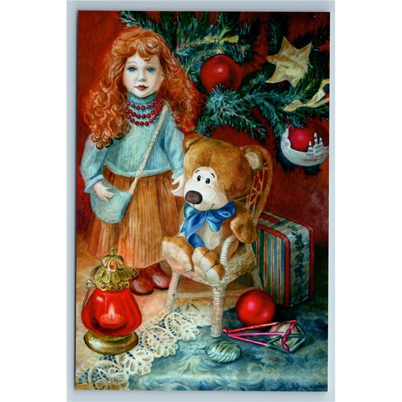 DOLL and TEDDY BEAR TOY Christmas Tree Toys Lamp Cute Russian New Postcard