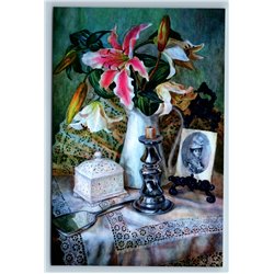 DRESSING TABLE Lily Flowers Silver candle holder Mirror Photo New Postcard