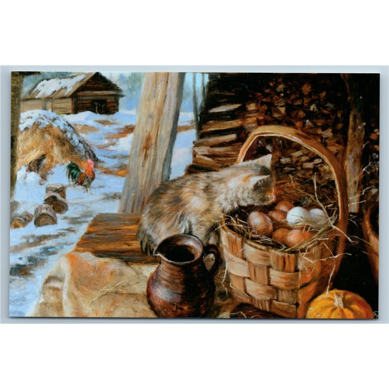 CAT and chicken eggs in basket COCK Rooster Peasant House Russian New Postcard