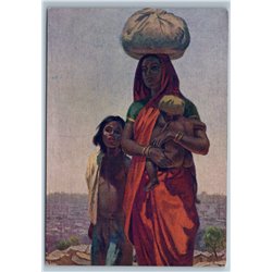 1963 INDIA WOMAN with Baby Kids Ethnic Type by Chuikov Soviet USSR Postcard