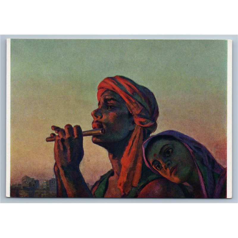 1963 INDIA MAN and WOMAN play Pipe Song of Kuli by Chuikov Soviet USSR Postcard