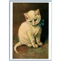 White CAT with Blue Bow by M. Stokes RARE 1000 copy Russia Postcard