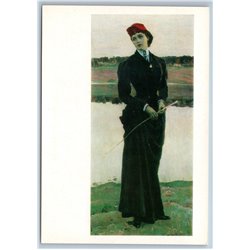 Portrait of Pretty Woman in black costume Fashion 1900s Red hat USSR Postcard