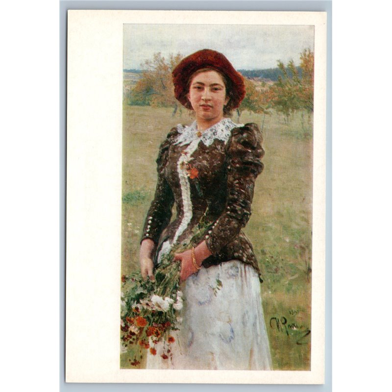 Portrait of Pretty Woman with autumn bouquet by Repin USSR Postcard