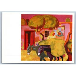 Rural landscape with donkeys Woman Armenia Ethnic Rare USSR Postcard