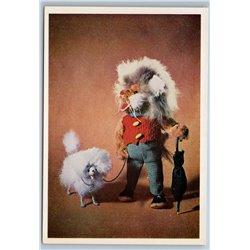 1966 TOY Lion walking with a poodle Dog Handmade toys Soviet VTG Postcard