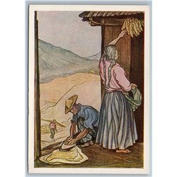 1956 Grain cleaning Mexican Art by Pablo O'Higgins Russian postcard