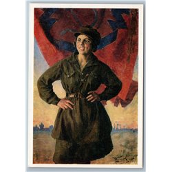 RARE Jungsturm SOVIET WOMAN in Military Flag Socialist Realism USSR Postcard