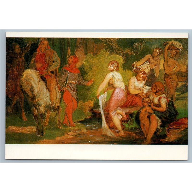 WOMEN bathing in River NUDE Legend of Oldřich and Božena Czech Vintage Postcard