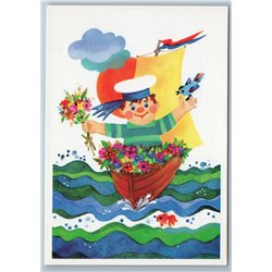 Little Boy Sailor on Sailing Boat Bird Funny Animation Russian Unposted postcard