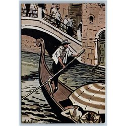 Italy Gondolier Graphics Art Boat channel Architecture Russian postcard