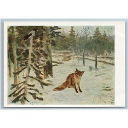 1963 Red Fox and Crow in Winter Forest by Stepanov Russian Unposted Postcard