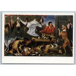 1963 Game Stall Wildfowl Dog Birds by Frans Snyders Russian Unposted Postcard
