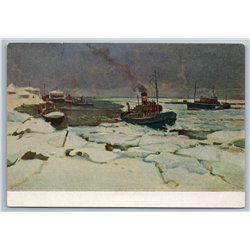 1954 Ships Boats in Ice End of season SEA River Russian Soviet Postcard