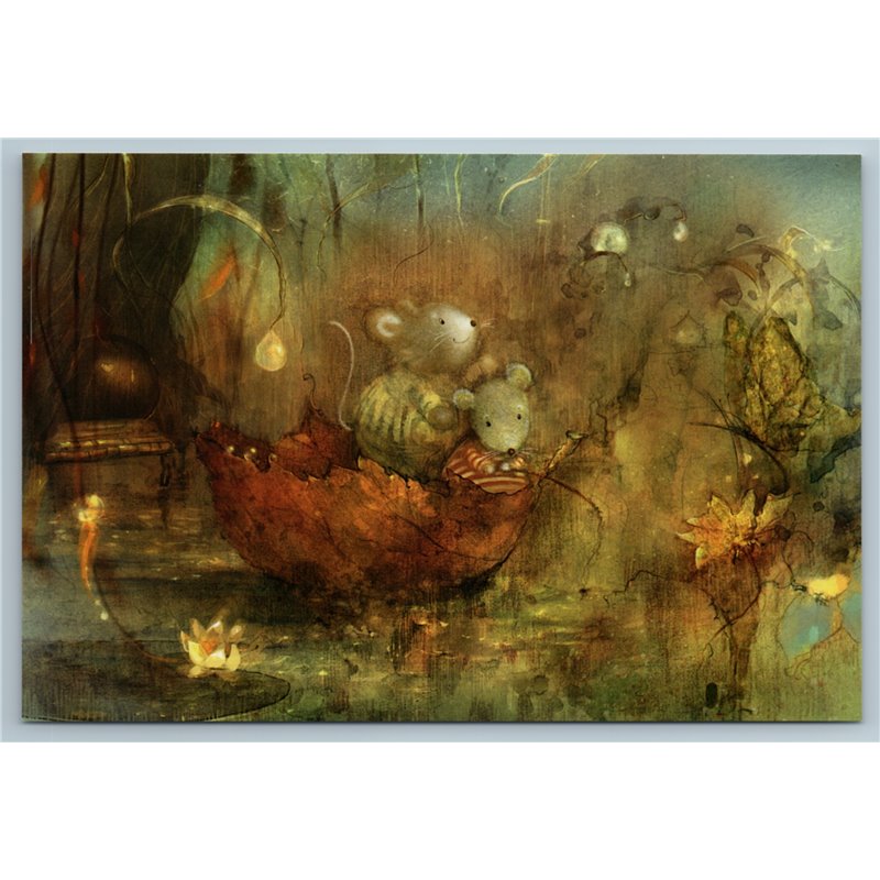 TWO MICE Mouse in a tree leaf Boat Magical journey Fantasy New Russian Postcard
