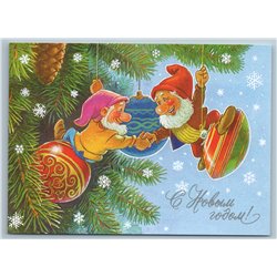 Gnomes decorate the Christmas tree New Year by Zarubin Russian Modern Postcard