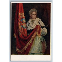 1956 WWII Soviet Woman with AK Gun Oath to USSR Flag Military USSR Postcard