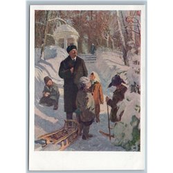 1961 LENIN and Soviet Kids Snow Winter Propaganda by Bulankin Rare USSR Postcard