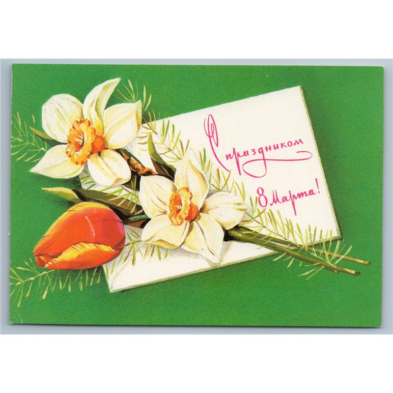 1983 DAFFODILS and TULIP Letter Greetings Woman Day by Panchenko USSR Postcard