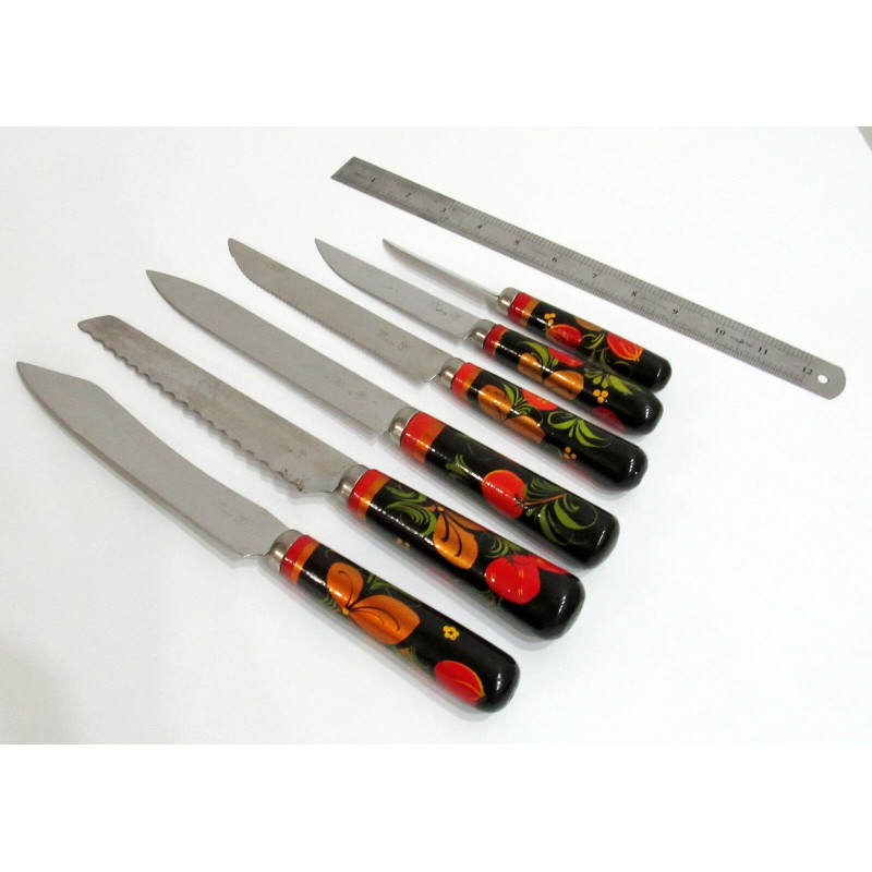 Set of 6 pc knife Hand Painted lacquer Khokhloma Russian folk art wooden cutlery